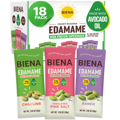 BIENA Crispy Edamame Himalayan Salt pouch offers savory protein on the go.