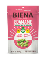 Biena Edamame roasted with Himalayan Salt in a bag for on-the-go snacking.
