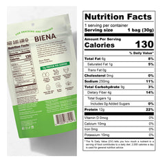 BIENA chili-lime edamame snack pack highlighting bold flavor and 12g protein per serving.