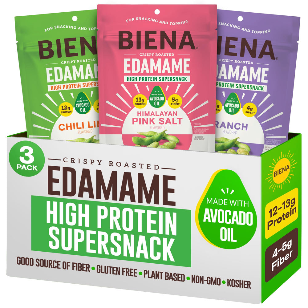 BIENA crispy edamame snack closeup showing protein-rich bite for quick energy