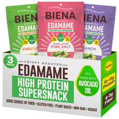 BIENA crispy edamame snack closeup showing protein-rich bite for quick energy
