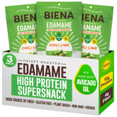 BIENA crispy edamame snack close-up shows a high-protein crunch perfect for quick bites.