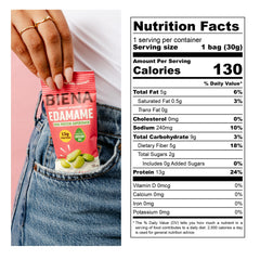 Biena Edamame snack pack-back shows nutritional details for quick planning