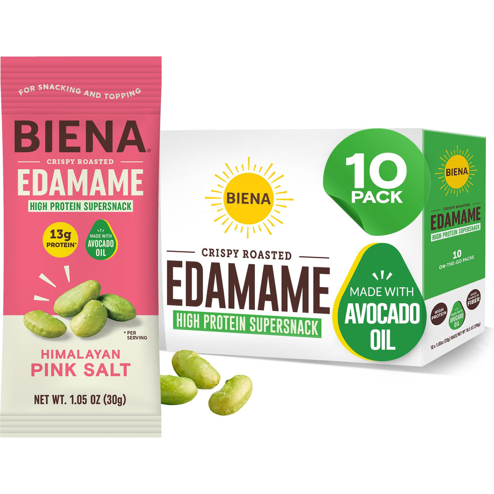 Biena Crispy Edamame Snack pack-front highlights portable high-protein satisfaction