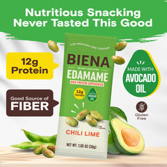 Biena Edamame Snack Pack Open, ready to portion and enjoy protein boost