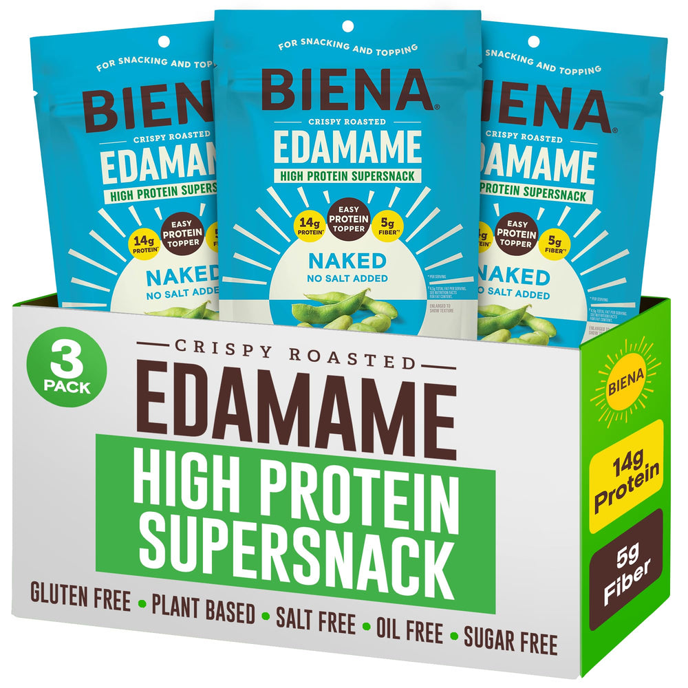 BIENA Naked Edamame snack packaging visible, showing no added salt and clean ingredients.