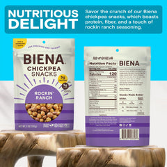BIENA Rockin’ Ranch chickpeas bag closeup revealing savory flavor and freshness seal.