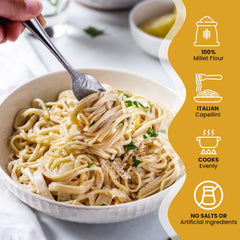 Close-up of foxtail millet flour used in Big Green Organic Food capellini