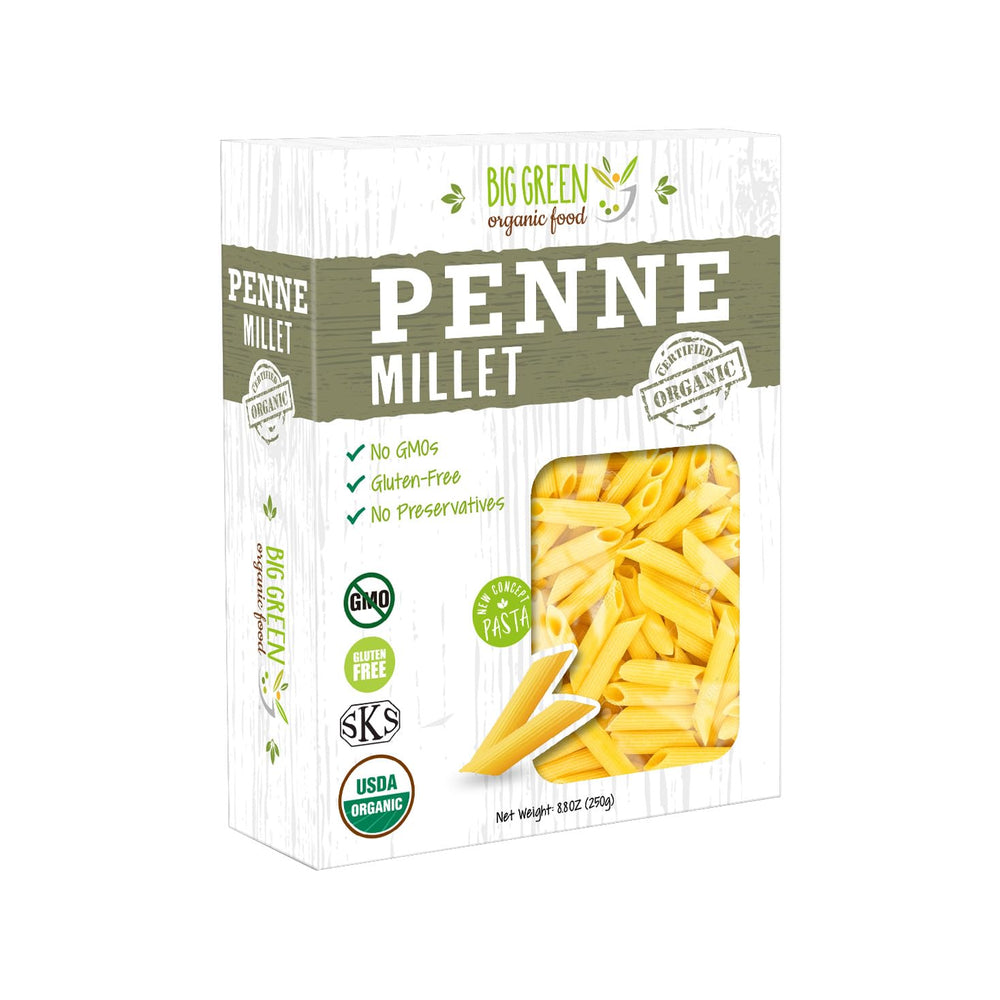 Big Green Organic Food Millet Penne pack, gluten-free and lectin-free.