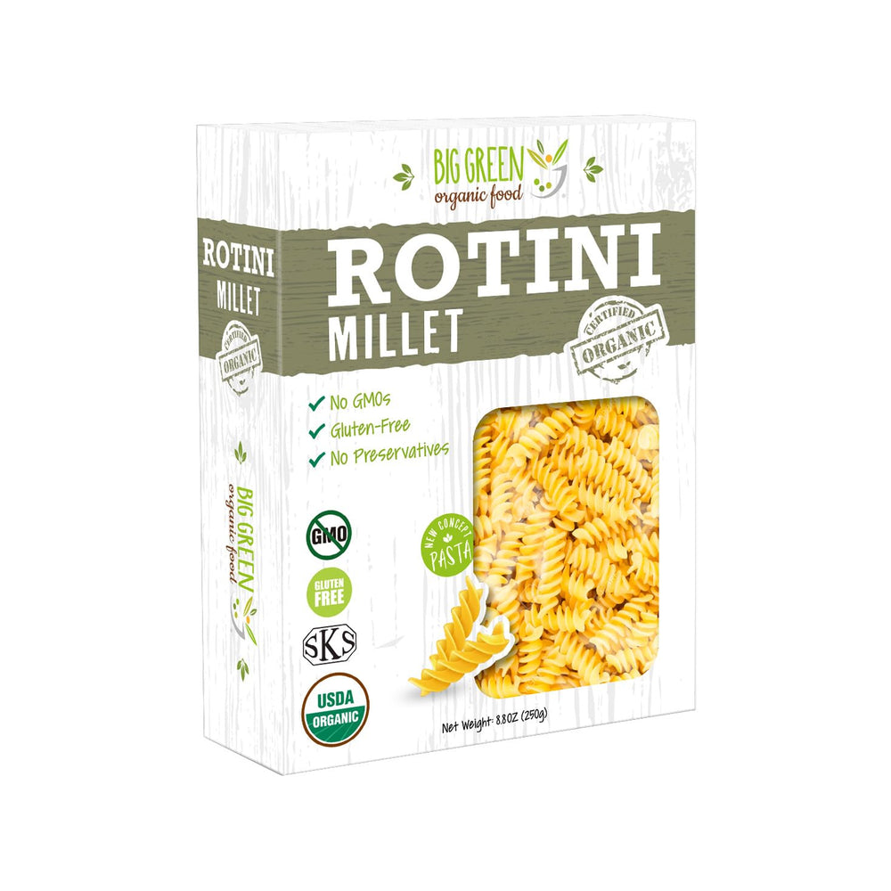 Big Green Organic Food millet rotini packshot shows gluten-free pasta ideal for vegan meals.