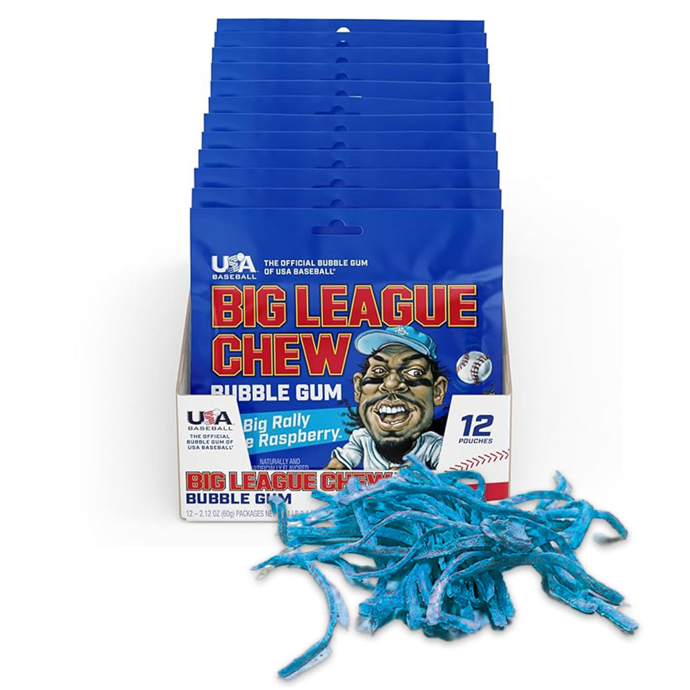 Big League Chew Big Rally Blue Raspberry pouch showing shredded gum for game‑day snacking.