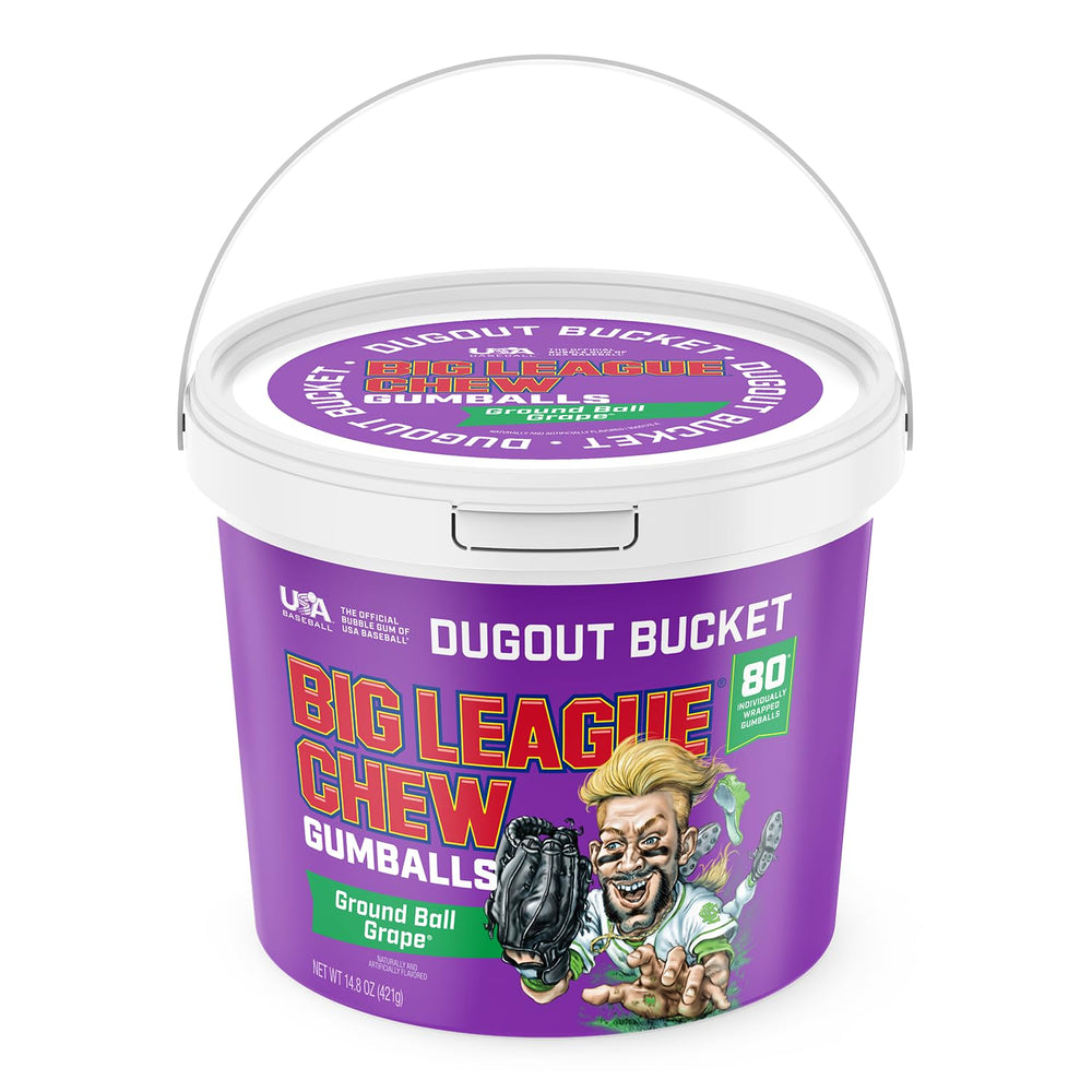 Big League Chew dugout bucket with grape gum for team snack time.