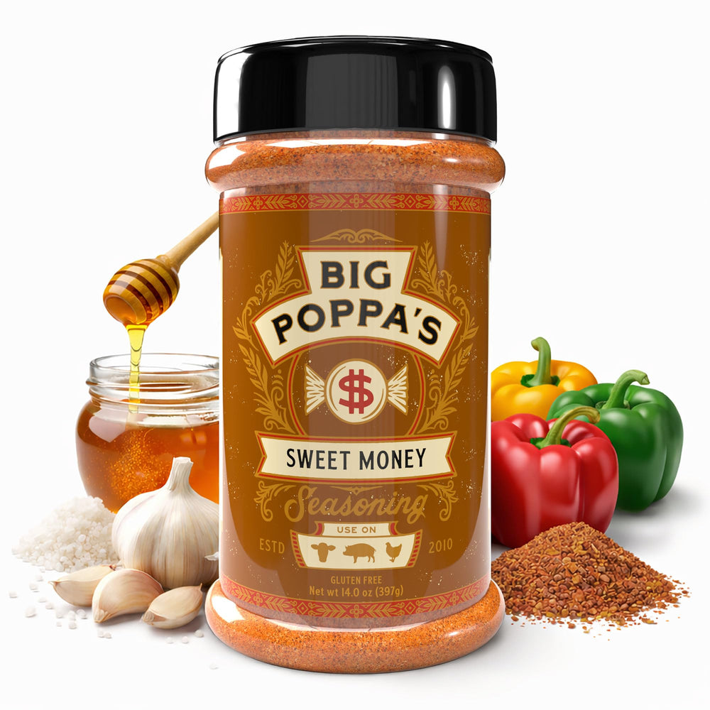 Big Poppa’s Sweet Money rub bottle front, gluten-free pork seasoning for flavorful meals