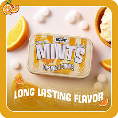 Open tin reveals creamy orange creme mints ready to melt.