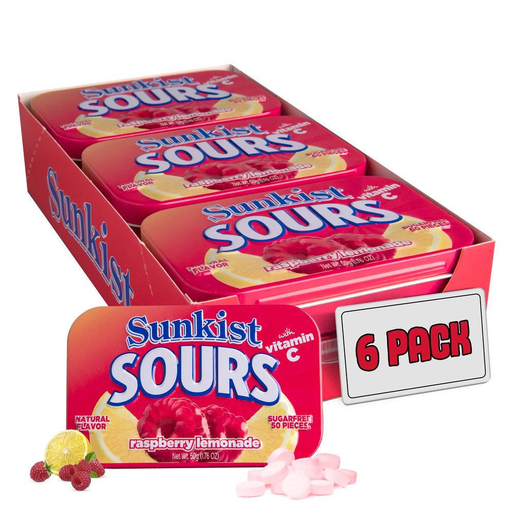 BIG SKY Sunkist Sours Raspberry Lemonade Candy tin with bright label, sugar-free treat.