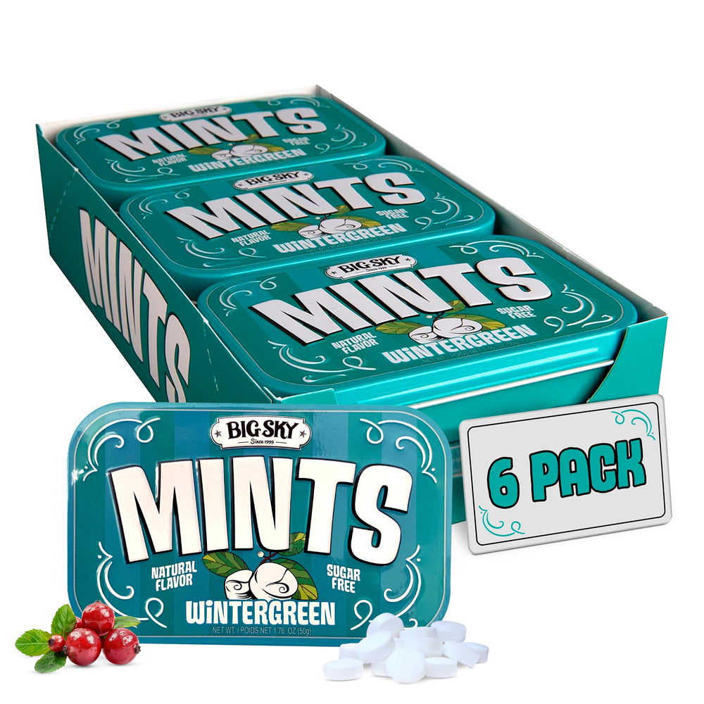 Big Sky Wintergreen Mints in a six-pack display tin for easy stocking and sharing.
