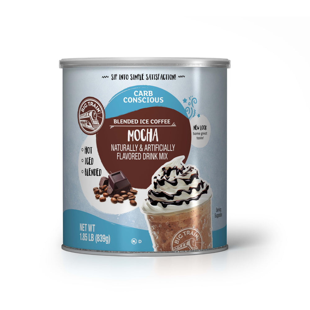 Big Train Low Carb Mocha blend tub close-up for at-home iced coffee