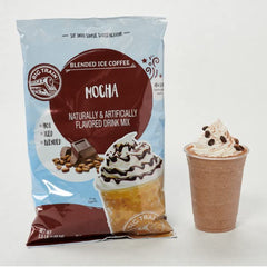 Big Train Mocha Blended Ice Coffee Mix coffee beans accompany the scoop image, signaling quality and aroma.