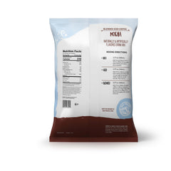 Big Train Mocha Blended Ice Coffee Mix tub labeling emphasizes rich chocolate flavor for at-home beverages.