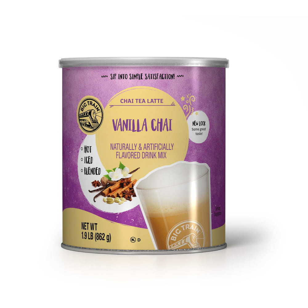 Big Train Vanilla Chai Latte mix bottle highlighting vanilla and spice aroma for rich beverages.