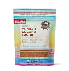 Big Tree Farms Vanilla Coconut Sugar bottle shows vanilla-infused sweetness for coffee and baking.