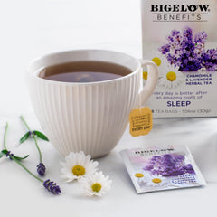 A brewed Bigelow Benefits Sleep cup highlighting caffeine-free, floral notes.