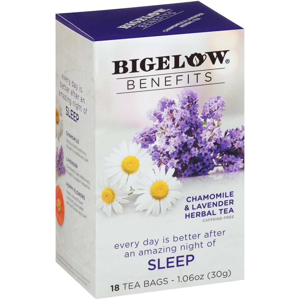Bigelow Benefits Sleep chamomile lavender tea bags on display, calming aroma and flavor potential.