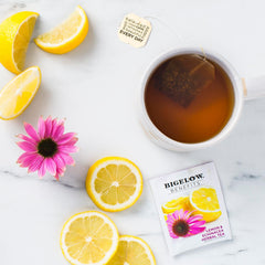 Close-up of Bigelow Stay Well tea bags showing convenient, individually wrapped format for easy use.