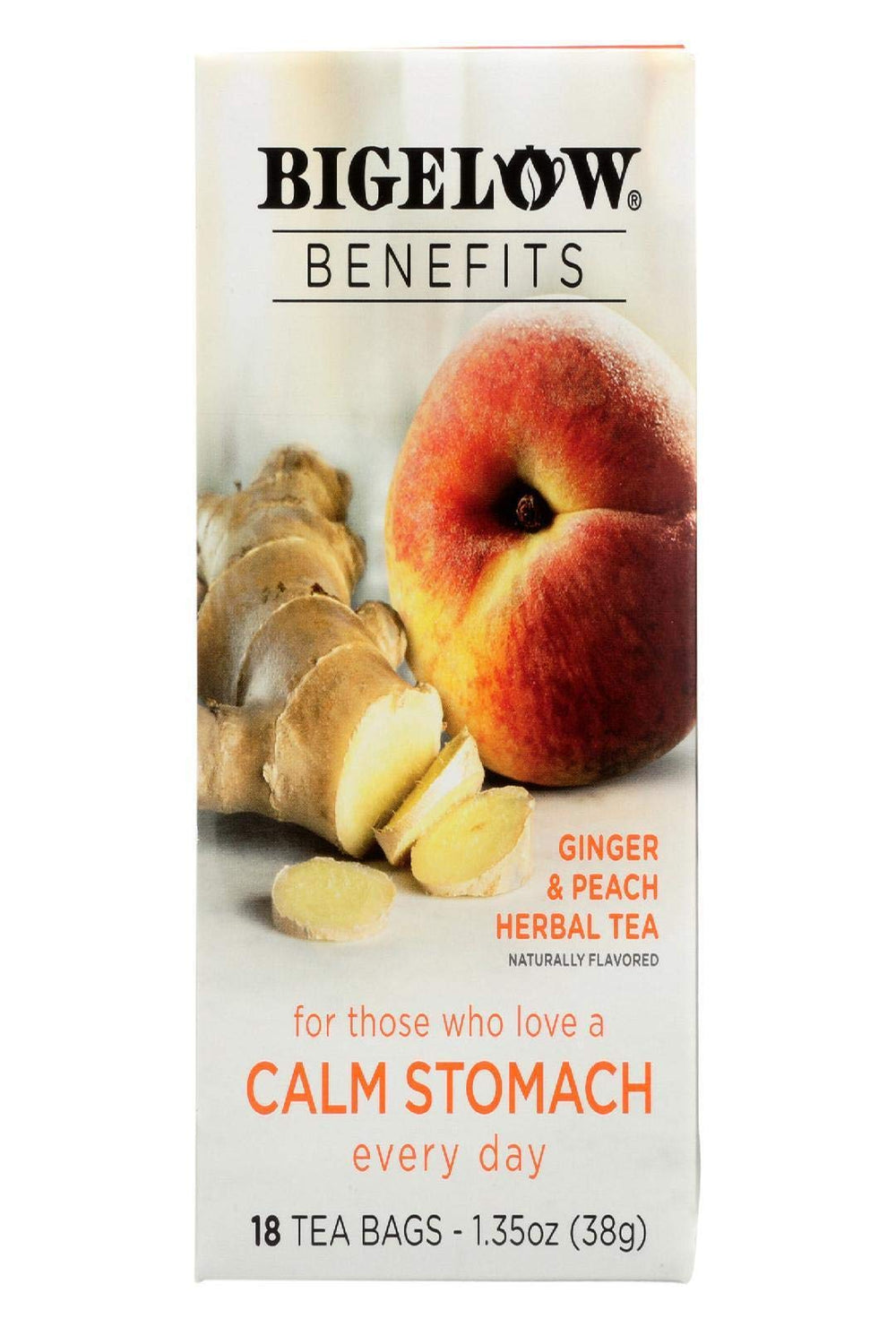 Bigelow Benefits Ginger Peach tea pack with inviting aroma for a calming break.