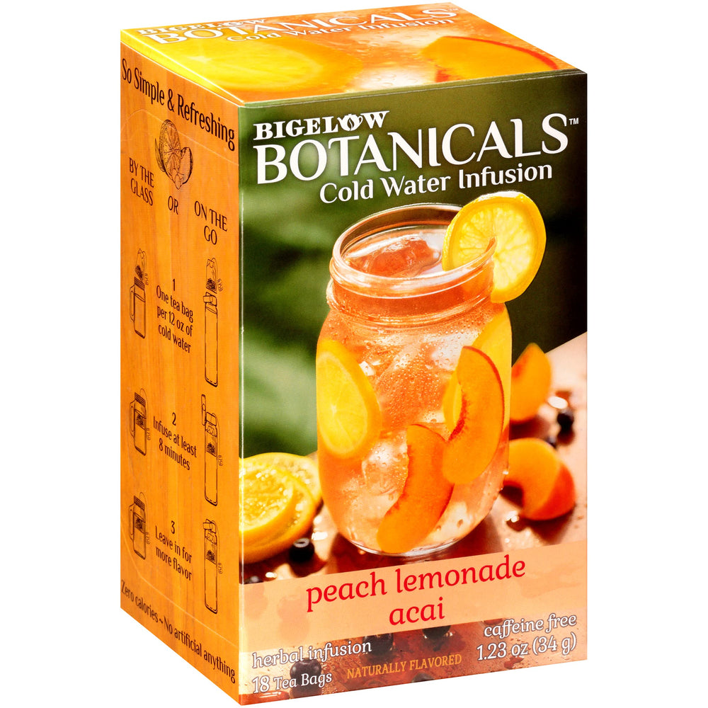 Bigelow Botanicals Peach Lemonade infusion bottle for refreshing, caffeine-free hydration.
