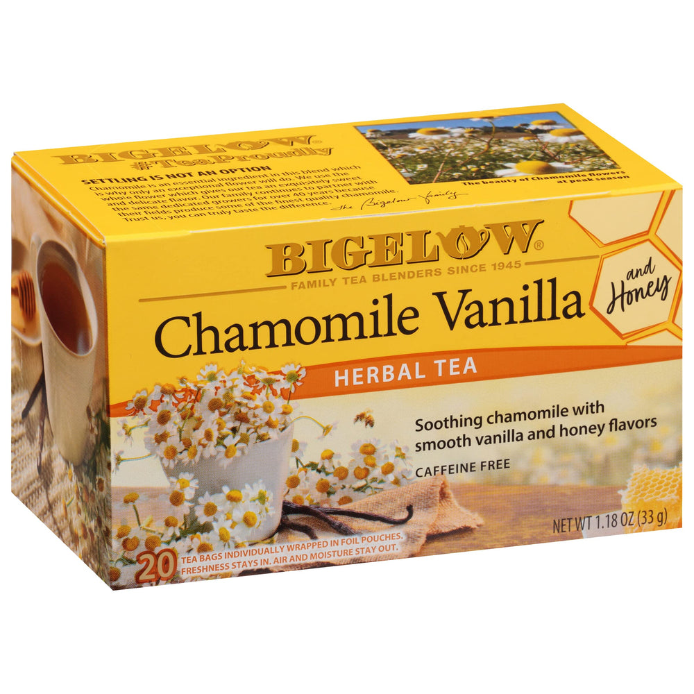 Bigelow Chamomile Vanilla Honey tea boxes showcase a six-pack for convenient daily relaxing ritual.