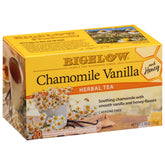 Bigelow Chamomile Vanilla Honey tea boxes showcase a six-pack for convenient daily relaxing ritual.