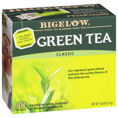Bigelow Classic Green Tea Bags on the box front, signaling convenient 40-count value for daily tea.