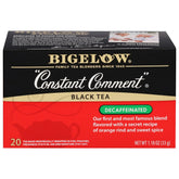 Bigelow Constant Comment Decaf packaging on shelf highlighting a caffeine-free option.