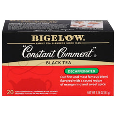 Bigelow Constant Comment Decaf packaging on shelf highlighting a caffeine-free option.