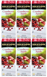 Bigelow Cranberry Apple Herbal Tea bags in a six-pack foil pouch preserve freshness.