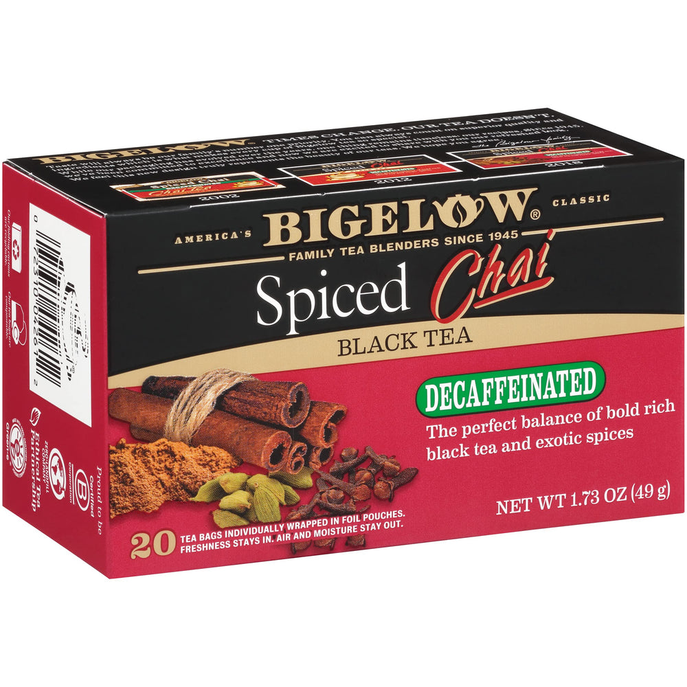 Bigelow decaffeinated spiced chai tea bags in a 6-pack for on-the-go enjoyment.