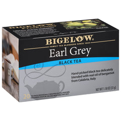 Bigelow Earl Grey tea box showing classic black tea with bergamot aroma.