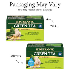 Bigelow Green Tea with Ginger Probiotics tea box suited for on‑the‑go enjoyment.