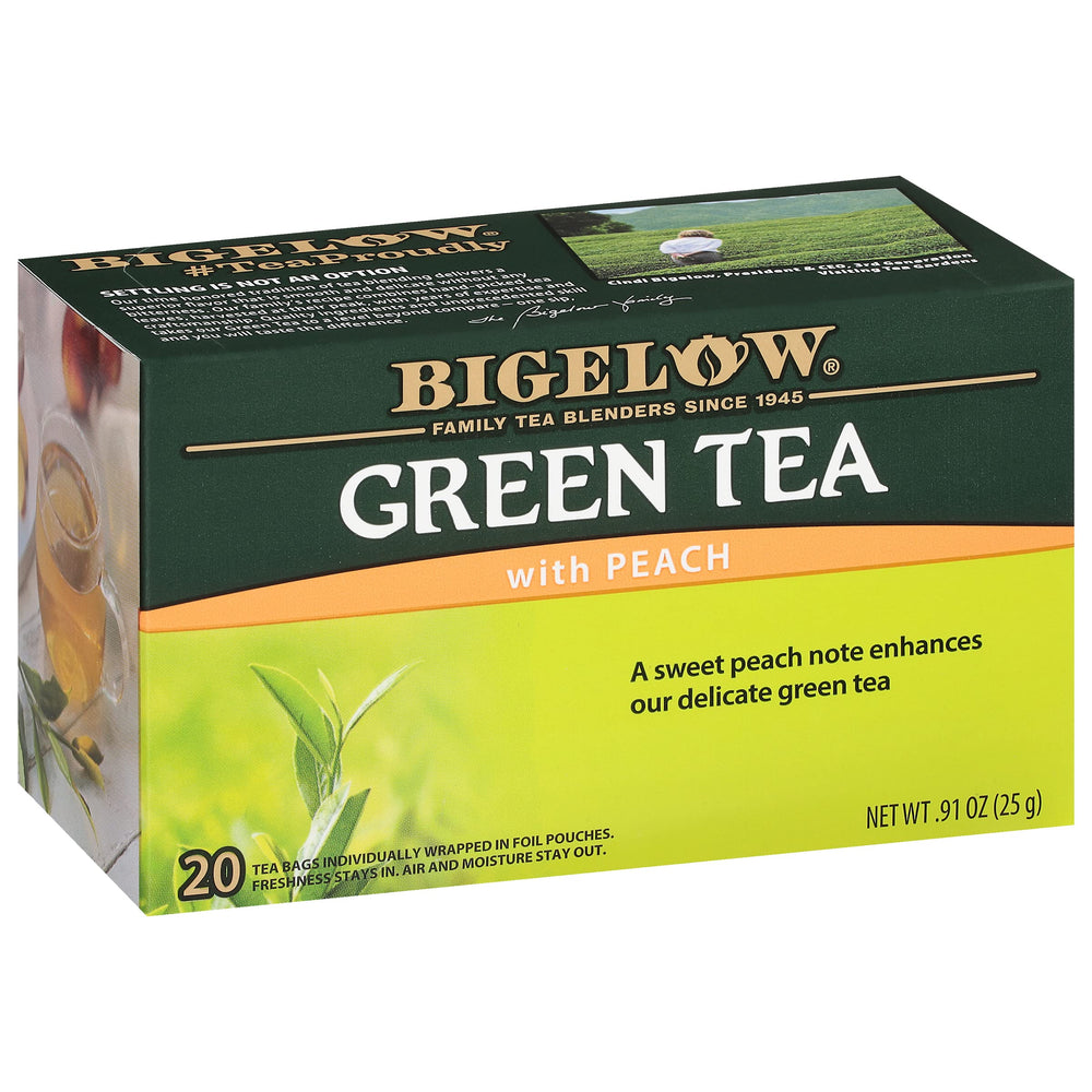 Bigelow Green Tea with Peach box front offering a refreshing peach-infused cup.