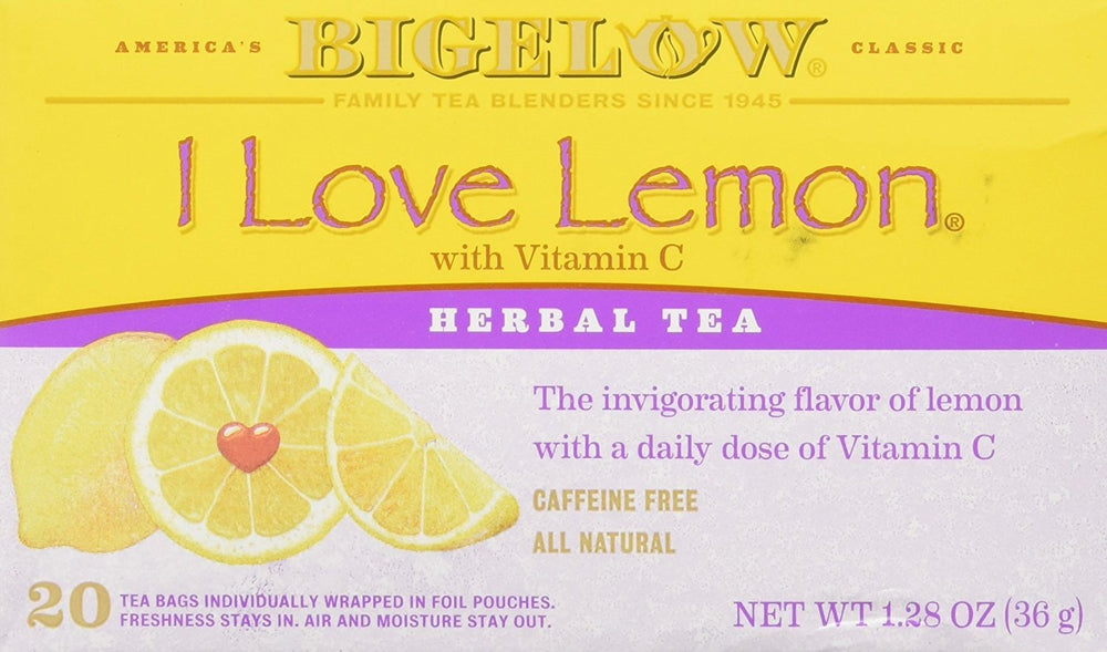 Bigelow I Love Lemon tea bags; lemon-forward, caffeine-free cup.