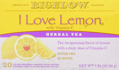 Bigelow I Love Lemon tea bags; lemon-forward, caffeine-free cup.