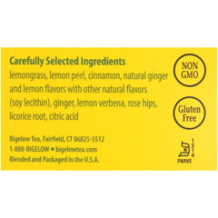 Bigelow Lemon Ginger tea box side highlighting 28-count supply for convenient daily use