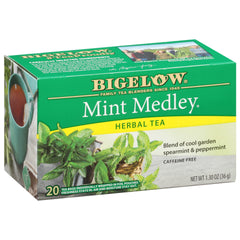Bigelow Mint Medley tea bags in a box delivering caffeine-free refreshing mint flavor.