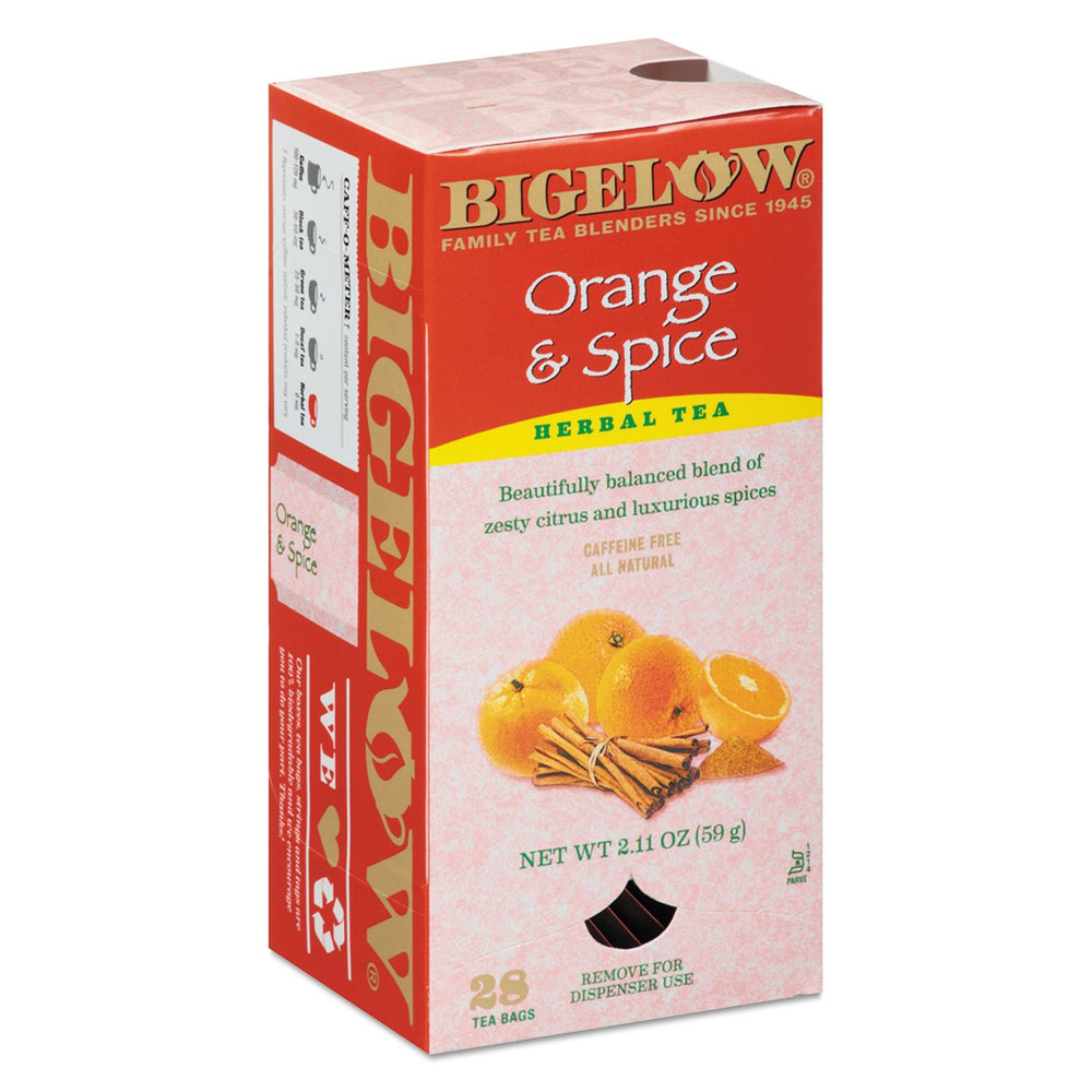 Bigelow Orange and Spice Herbal Tea packaging box for easy home or office use.