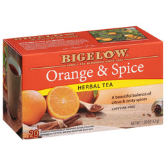 Bigelow Orange & Spice Herbal Tea bags in a box offer caffeine-free refreshment.