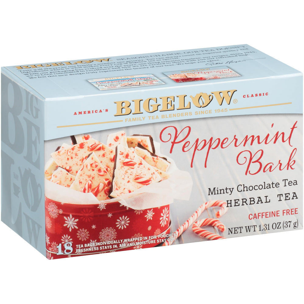 Bigelow Peppermint Bark tea bags ready for caffeine-free brewing.