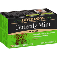 Bigelow Perfectly Mint Black Tea box front shows six-pack packaging for freshness.