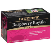 Bigelow Raspberry Royale tea bags in package, inviting fruity black tea flavor
