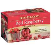 Bigelow Red Raspberry Herbal Tea box highlights ripe berry flavor for a caffeine-free, soothing cup.